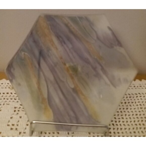 Reuven Nouveau Art Glass Hand Painted Candy Dish Trinket Hexagon Shape 7" X 6" - Picture 1 of 3